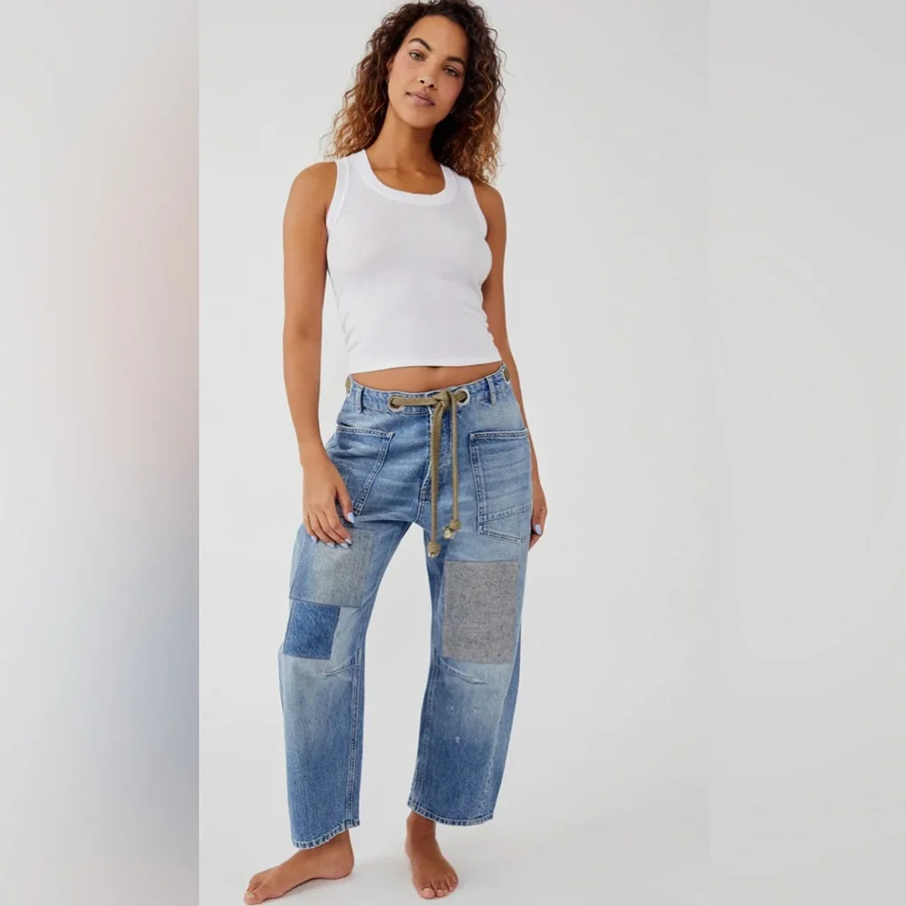 We The Free Patchwork Utility Jeans Size 31 | Grommet Waist | Drawstring Missing - Picture 2 of 8